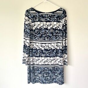 Eliza J Blue White Floral Shift Dress Long Sleeve Stretchy Lined Wedding Modest